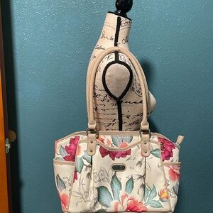 Kolton shoulder purse-white vinyl w/ floral design, tan straps & bottom-NWOT’s
